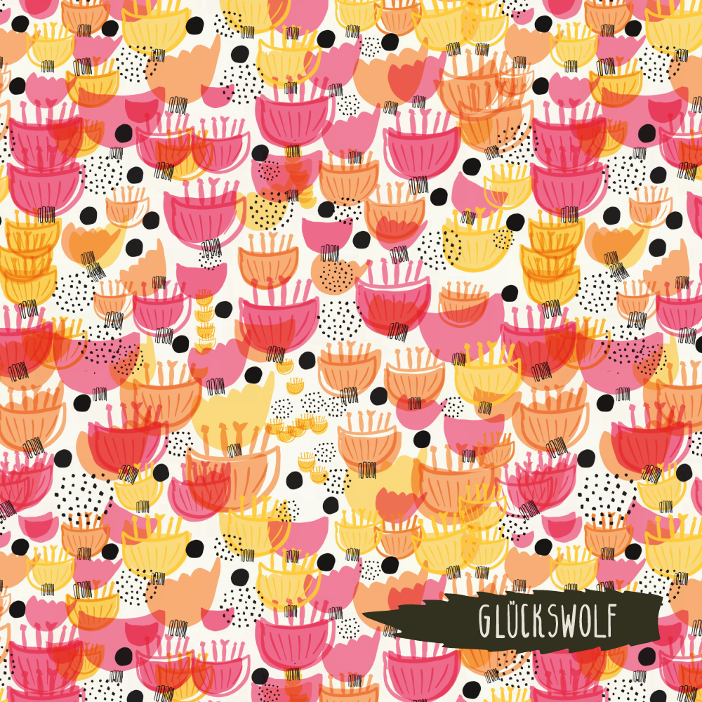 Glückswolf Musterkarte Blumenfeld - bunte Blumen in gelb, orange und pink, dazwischen schwarze Punkte
