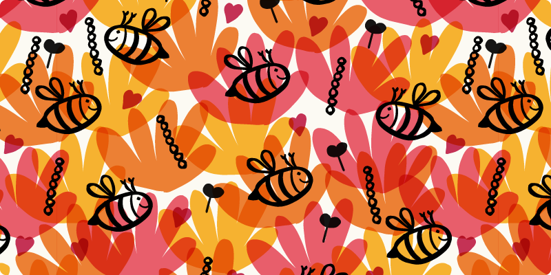 Happy Bee Life Muster von Glückswolf - schwarze Bienenumrisse vor knalligen Pflanzen in pink, gelb, orange