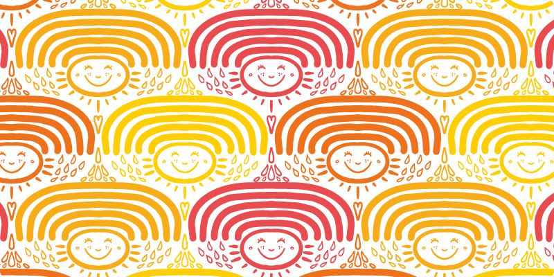 My Happy Rainbow Life Muster von Glückswolf - Regenbügen mit lachender Sonne und Regentropfen in pink, orange und gelb