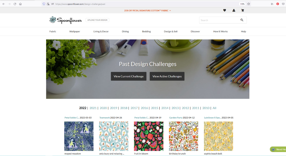 Screenshot: Liste welche Designs haben bei der Spoonflower Design Challenge den ersten Platz belegt