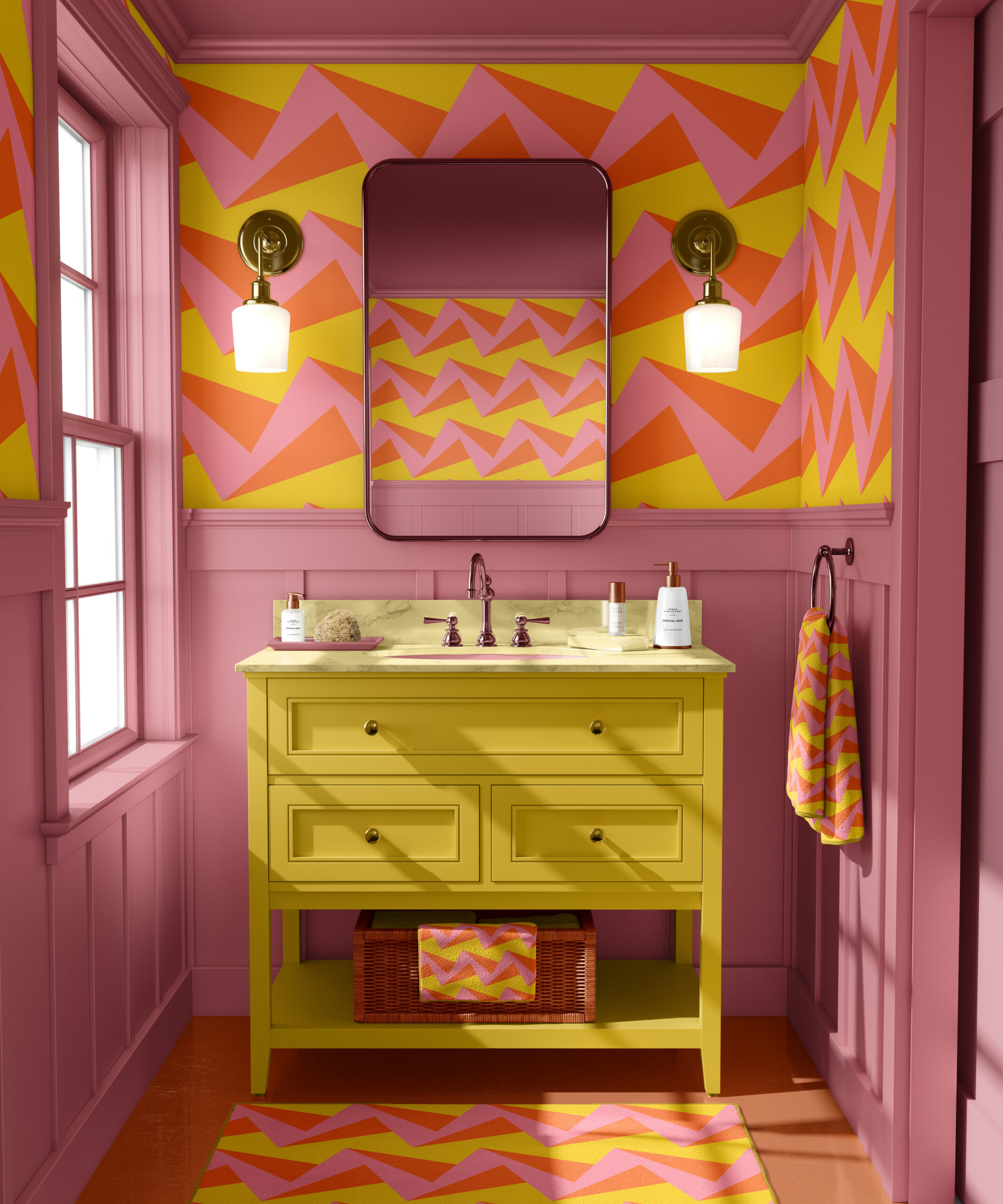Pink yellow bathroom decorated with a bold pink orange yellow zigzag wallpaper