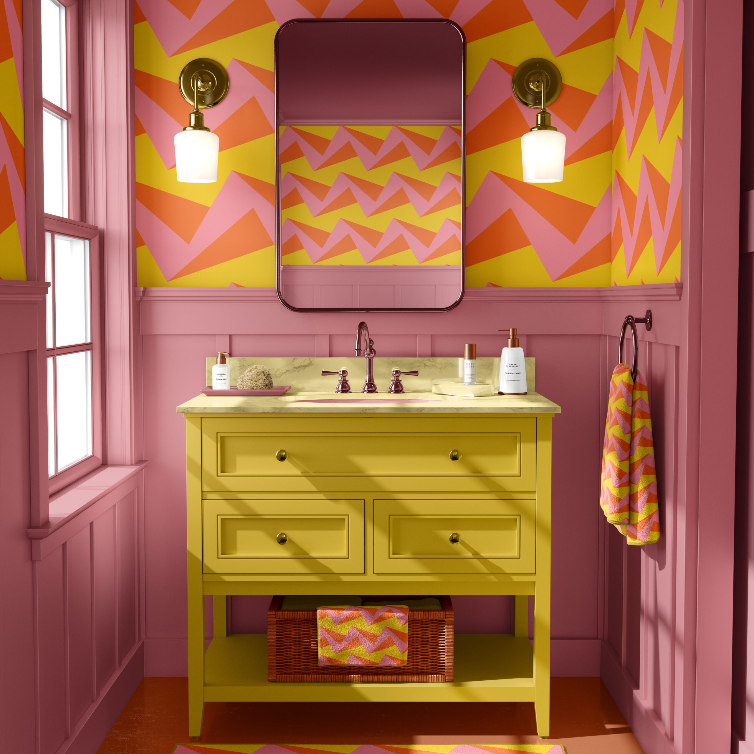 Bathroom Wallpaper - 3D zigzag yellow pink